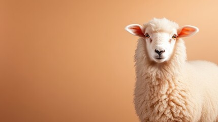 Fototapeta premium A fluffy lamb stands gracefully against a soft-colored background, the lighting highlights its coat and features, creating an appealing portrait of rural life.