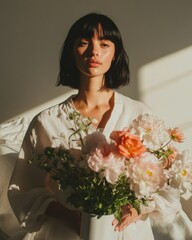 Soft Minimalist Portrait Empowering Gen Z Wellness Aesthetic with Delicate Floral Arrangement - Emotional Authenticity in Natural Light