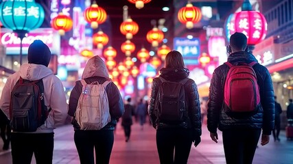 Group of four friends walking through a vibrant night market with colorful lanterns overhead - Powered by Adobe