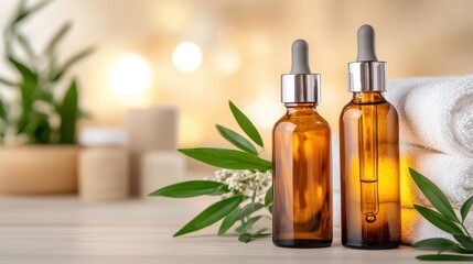 Natural organic botanical serum or essence in dropper glass bottle on blurred spa wellness and aromatherapy background  Natural cosmetic phytotherapy or herbal alternative medicine concept