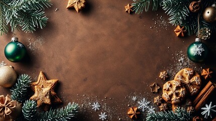 Christmas baking background theme with cookies, neutral tones in dark brown, snowflakes, pine tree