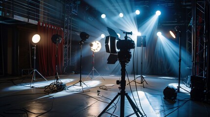 High-quality video camera and lighting equipment set up on stage for a performance or concert