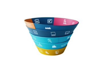 A Vibrant Layered Funnel Showcasing A Dynamic Business Process, Illustrating Growth And Conversion Stages With Bold Colors And Clean Iconography Isolated on Transparent Background