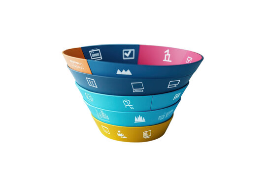 A Vibrant Layered Funnel Showcasing A Dynamic Business Process, Illustrating Growth And Conversion Stages With Bold Colors And Clean Iconography Isolated on Transparent Background