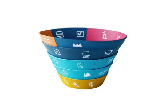 A Vibrant Layered Funnel Showcasing A Dynamic Business Process, Illustrating Growth And Conversion Stages With Bold Colors And Clean Iconography Isolated on Transparent Background