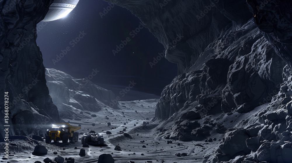 Poster this machinery operates on an asteroid, extracting regolith in a futuristic excavation effort.