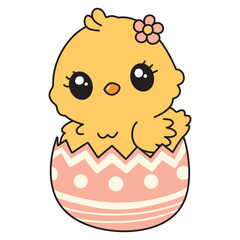 Cute Kawaii Yellow Easter Chick Hatching from Colored Easter Egg. Adorable Baby Chicken Character