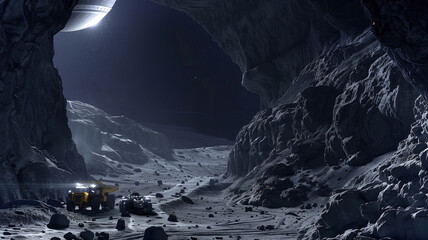 This Machinery operates on an asteroid, extracting regolith in a futuristic excavation effort.