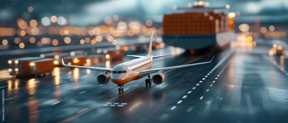 Poster aerial perspective showcasing the dynamic interplay between an airport runway and a massive cargo sh
