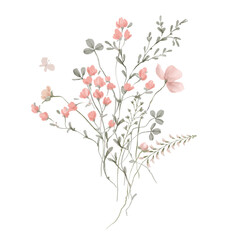 Colorful wildflowers bouquet isolated on white background, hand drawn, can be used as greeting card, invitation card for wedding