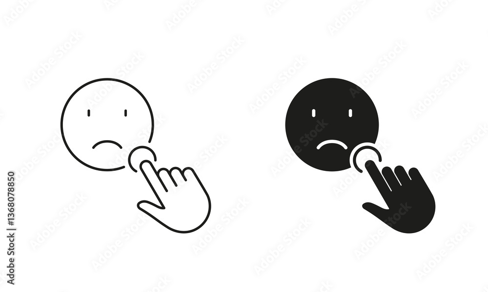 Poster cursor click on sad face emoticon pictogram. negative feedback line and silhouette icon set. custome