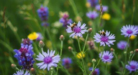 Vibrant wildflowers in a lush meadow with bees pollinating under a sunny sky