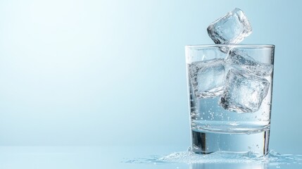A refreshing glass of sparkling water filled with ice cubes, highlighting the crispness and coolness of the drink against a soft blue gradient background.
