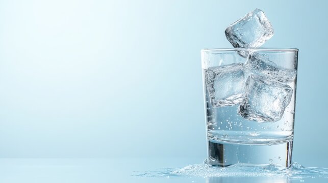 A refreshing glass of sparkling water filled with ice cubes, highlighting the crispness and coolness of the drink against a soft blue gradient background.
