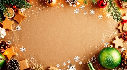 Christmas brown earthy background with pine cones, ornaments, green bauble, spices, white snowflakes and cookies. Space for text in the middle