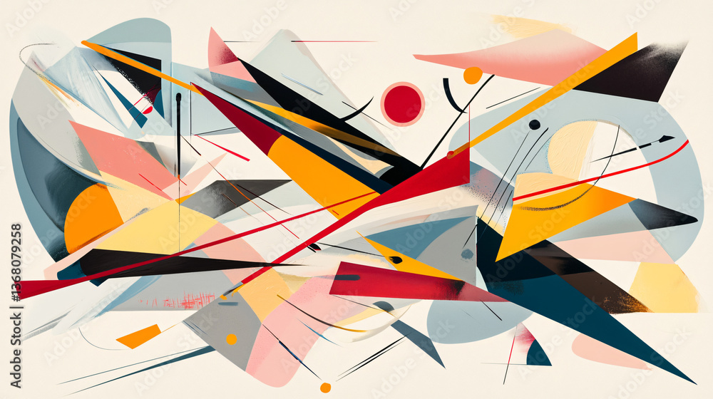 Poster a fragmented painting composed of many different shapes and angular forms creating a dynamic and col