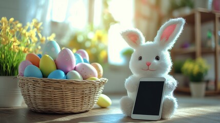 Easter bunny and basket with Easter eggs next to smartphone, blank phone screen with copy space
