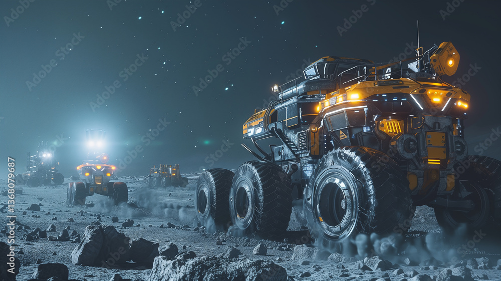 Poster this heavy machinery operates on an asteroid, extracting valuable regolith for processing and refini