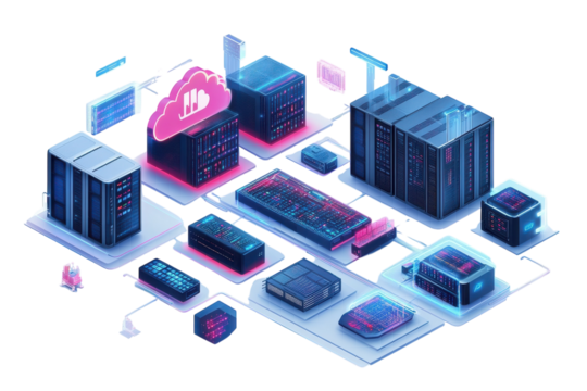 A Vibrant Network Of Interconnected Servers Showcasing Seamless Data Flow And Cloud Integration, Illuminated With Dynamic Pink And Blue Glows Isolated on Transparent Background