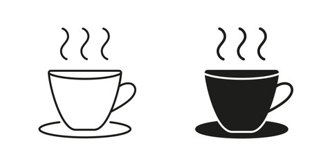 Steaming Cup on Saucer Line and Silhouette Icon Set. Hot Beverage Coffee or Tea Symbol. Warm Drink with Saucer. Editable Stroke. Isolated Vector Illustration
