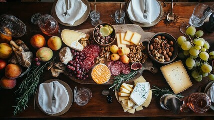 Artfully Arranged Charcuterie and Cheese Platter with Grapes and Apples on Rustic Table