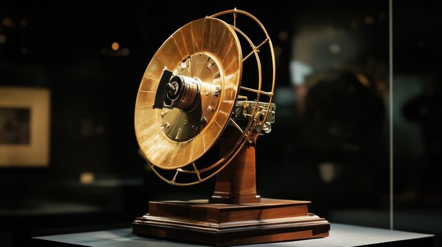 Antique brass mechanical device on wooden pedestal in museum.