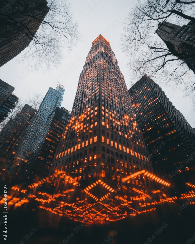 Poster urban luminescence architectural transformation of corporate skyscraper with innovative light projec