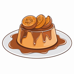 Cartoon Flan Dessert with Caramel Sauce and Fruit Slices