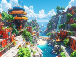 Fototapeta premium Coastal town, vibrant buildings, sunny beach, waterfall