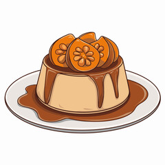 Cartoon Flan Dessert with Caramel Sauce and Fruit Slices