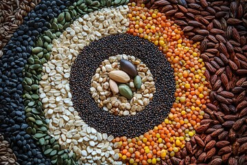 A variety of seeds and grains arranged in a circular, harmonious pattern, symbolizing the unity of life and growth
