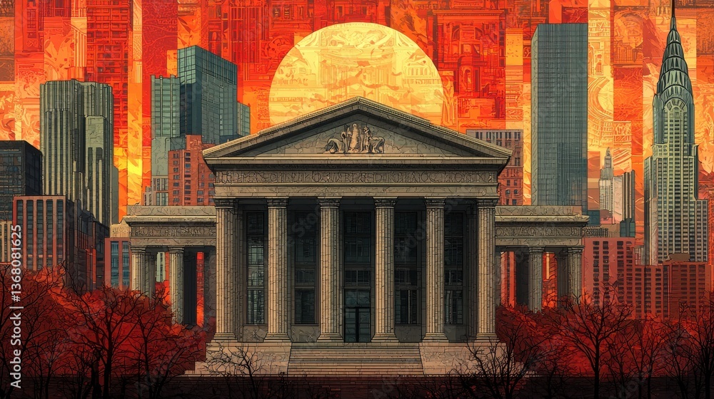 Poster a large building with columns and a dome sits in front of a city skyline