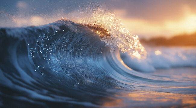 Futuristic digital wave energy flow in blue abstract background, A wave in the ocean with a blue and white background. The wave is made up of many small dots, giving it a digital appearance