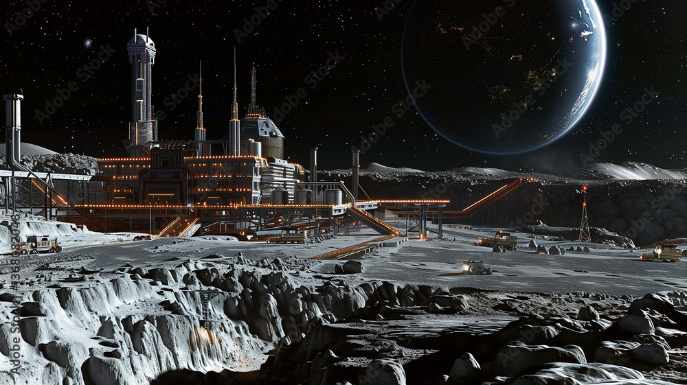 Poster This Large facility conducts asteroid regolith excavation and mineral extraction in a futuristic setting.