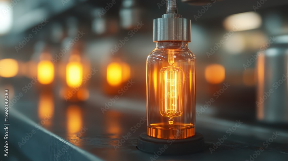 Poster surreal illuminated bottles in an artistic factory setting, capturing the warmth of innovation and t