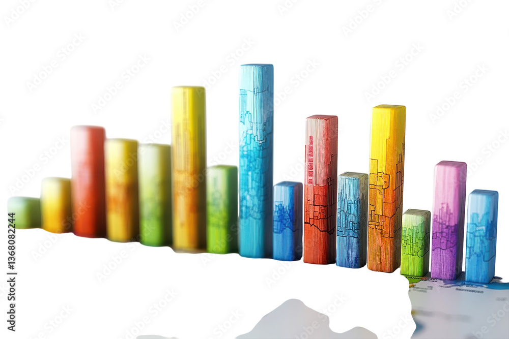 Poster a vibrant upward trend of colorful blocks symbolizing growth and progress, depicted with a slightly 