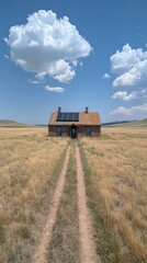 Solitary house on a vast, dry field under a blue sky with puffy clouds. A dirt road leads to its entrance
