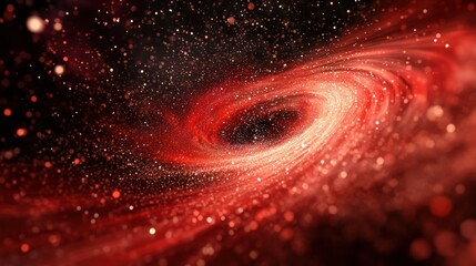 A swirling, red galaxy with stardust and shimmering light in outer space.
