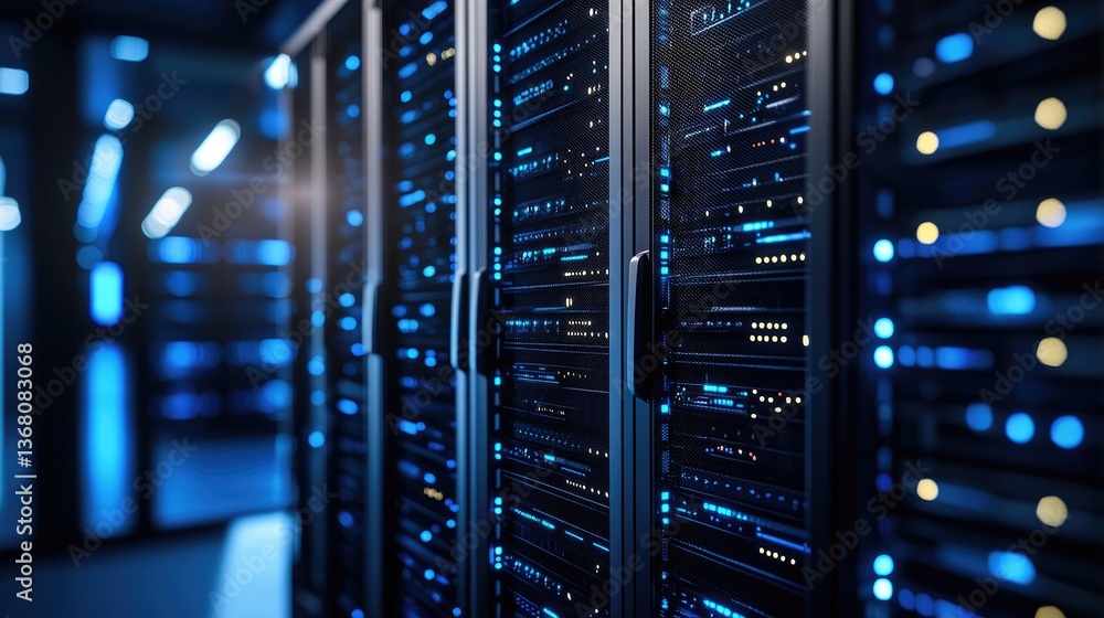 Poster Bright, futuristic data center with glowing server racks and cool blue lighting, representing advanced computing technology. Perfect for IT, cloud, or cybersecurity themes