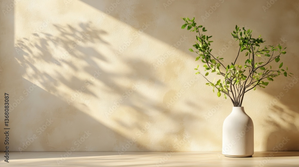 Poster a modern vase with leafy branches casting long shadows on a textured beige wall, creating an artisti
