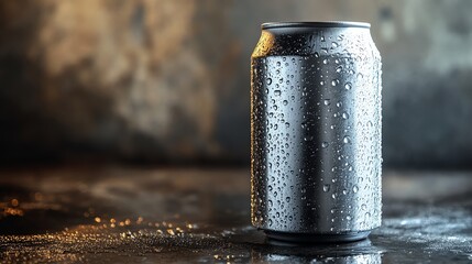 Refreshing Metal Can with Water Droplets on Dark Moody Background