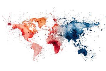 A Watercolor World Map Depicting Global Interconnectedness, Showcasing Vibrant Red And Blue Hues With Delicate Lines Connecting Continents, Symbolizing A Network Of Communication And Global Unity Isol