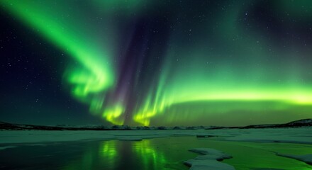Stunning Aurora Borealis Illuminates Night Sky Over Frozen Landscape and Water