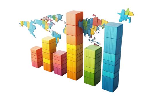 Colorful Wooden Blocks Forming A Global Growth Chart Showcasing Vibrant International Expansion With A Playful, Textured Aesthetic Isolated on Transparent Background