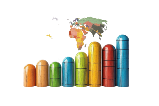 Colorful Wooden Blocks Representing Global Growth And Connection, Showcasing A Vibrant Spectrum Against A Soft Isolated on Transparent Background With A Faded World Map