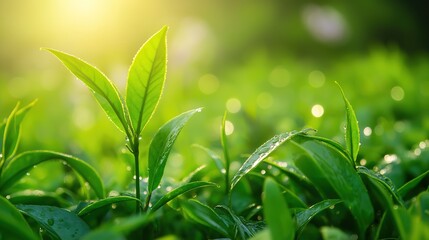 Fresh Green Tea Leaves with Morning Dew, Soft Sunlight, and Blurred Spring Blossoms, Capturing Serene Natural Beauty