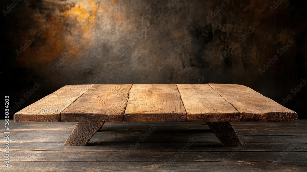 Aufkleber an artistic display of a wooden table with distinctive legs, set against a dark background that high