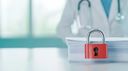 Fototapeta premium A medical professional stands behind a stack of papers secured with a red padlock, symbolizing confidentiality and data protection, health info records management.