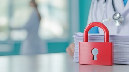 Fototapeta premium A red padlock sits on a table beside a stack of paperwork, symbolizing confidentiality and security in a medical or professional setting, health info records management.