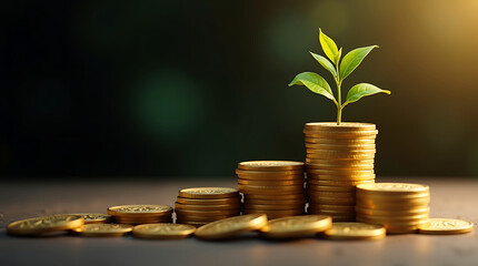 Financial Growth Concept A Small Green Plant Sprouting from Stacked Gold Coins, Symbolizing Investment, Wealth Accumulation, and Economic Success – 3D Render with Dark Background